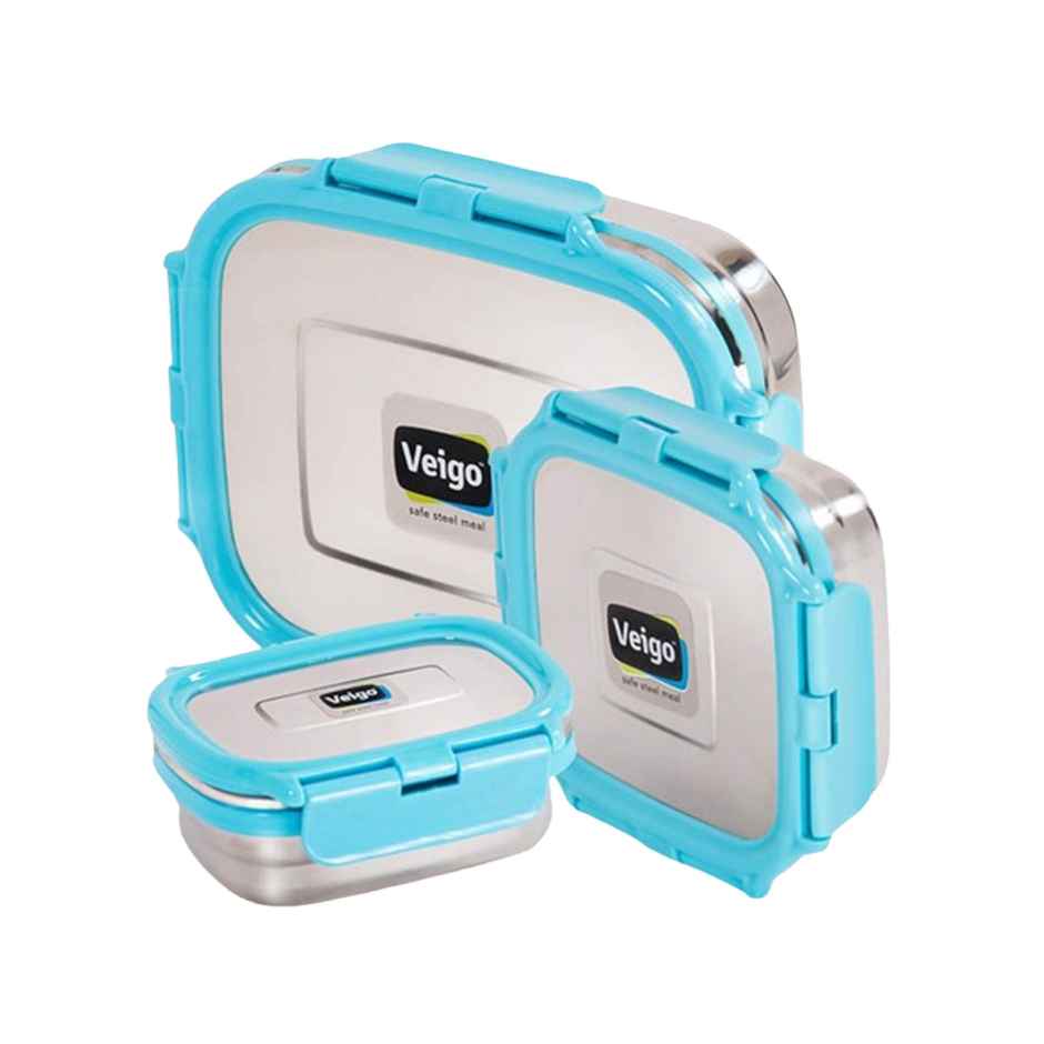 Veigo Ready to Gift Celebration Pack of 3 Leakproof Steel Lunchbox | 630+330+180 ml Aqua Blue