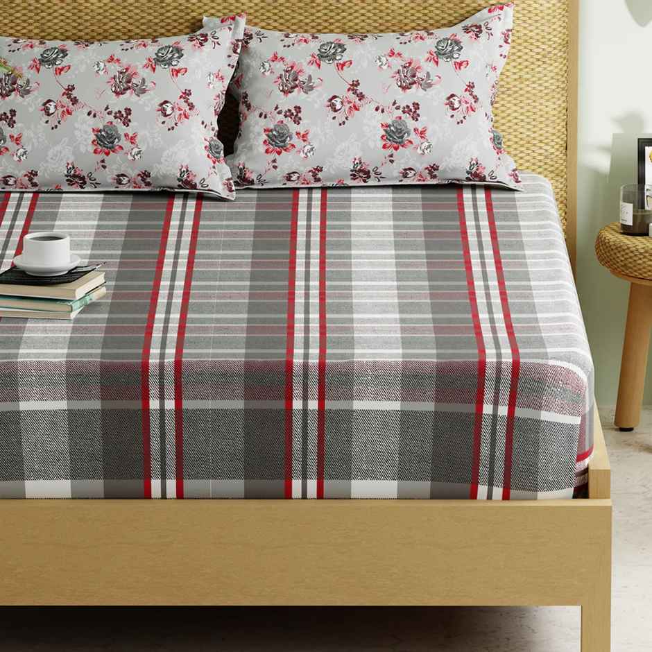 Kopa Extra Smooth Micro Double Bedsheet With 2 Pillow Covers | Set of 3 | Lorenzo Checks | Red Grey