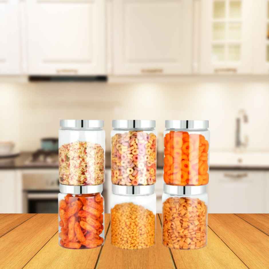YouBee Plastic Storage Steel Cap Jar Set | Multipurpose Jar Set | 1200 ml | Set of 6