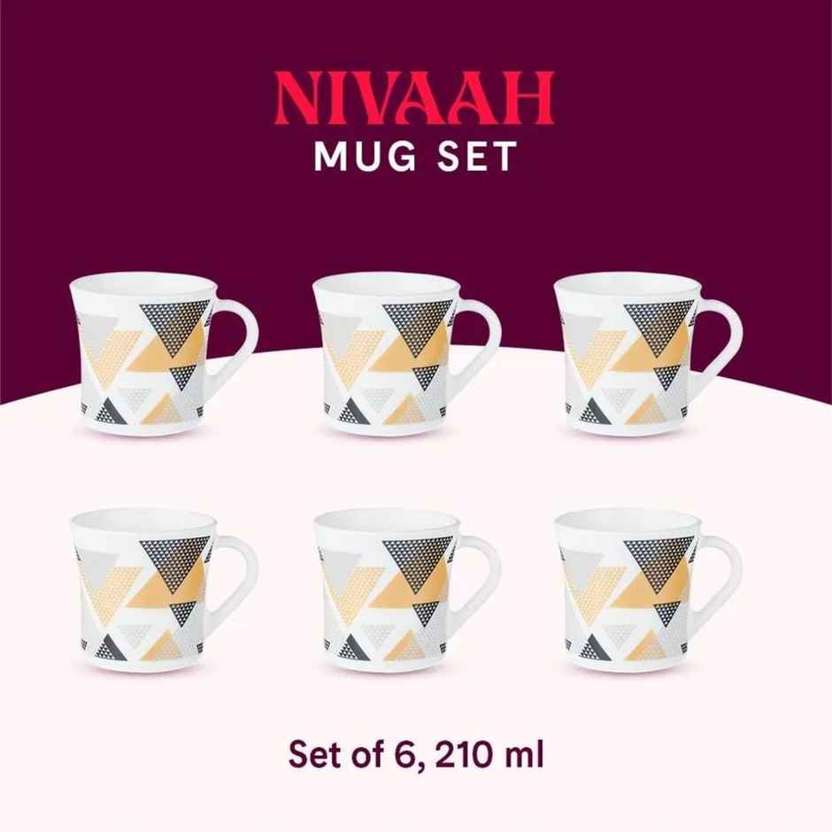 Larah By Borosil Nivaah Opalware Mug, 6 Pcs Tea/Coffee Mugs, 210Ml Each,Microwave & Dishwasher Safe