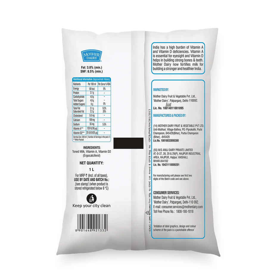 Mother Dairy Toned Fresh Milk | Pouch