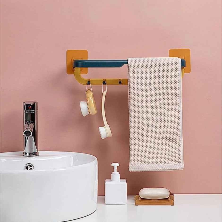 Clazkit Wall Mounted Double Bar Towel Holder With Hooks For Kitchen/Bathroom Pack Of 1