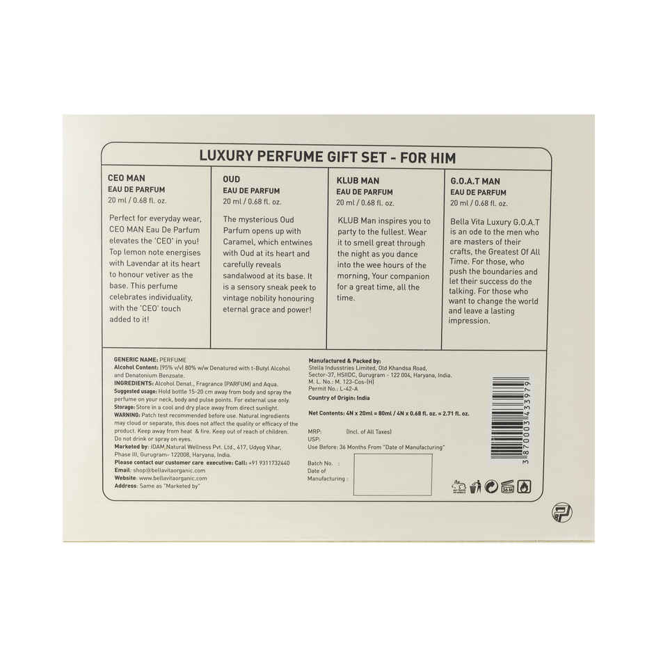 Bella Vita Organic Luxury Perfumes Gift Set For Men