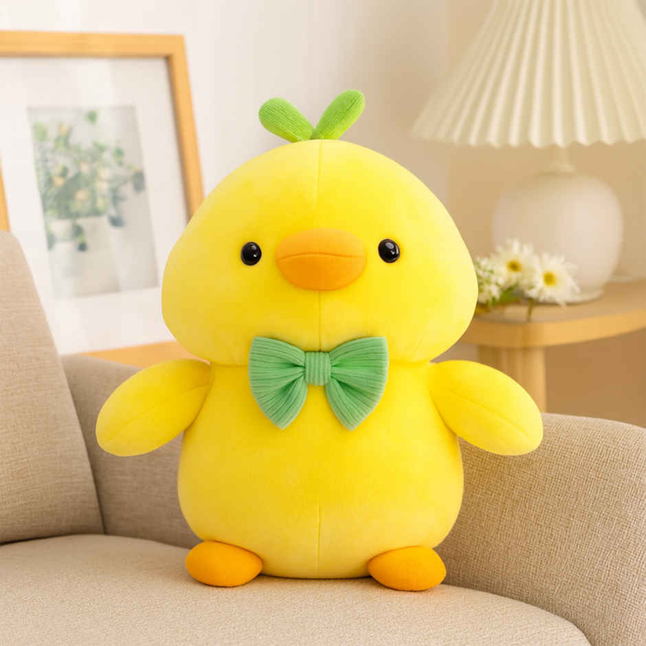 Spanker Chick Soft Toy Cute Yellow Plush Bird with Green Bow - 23 cm