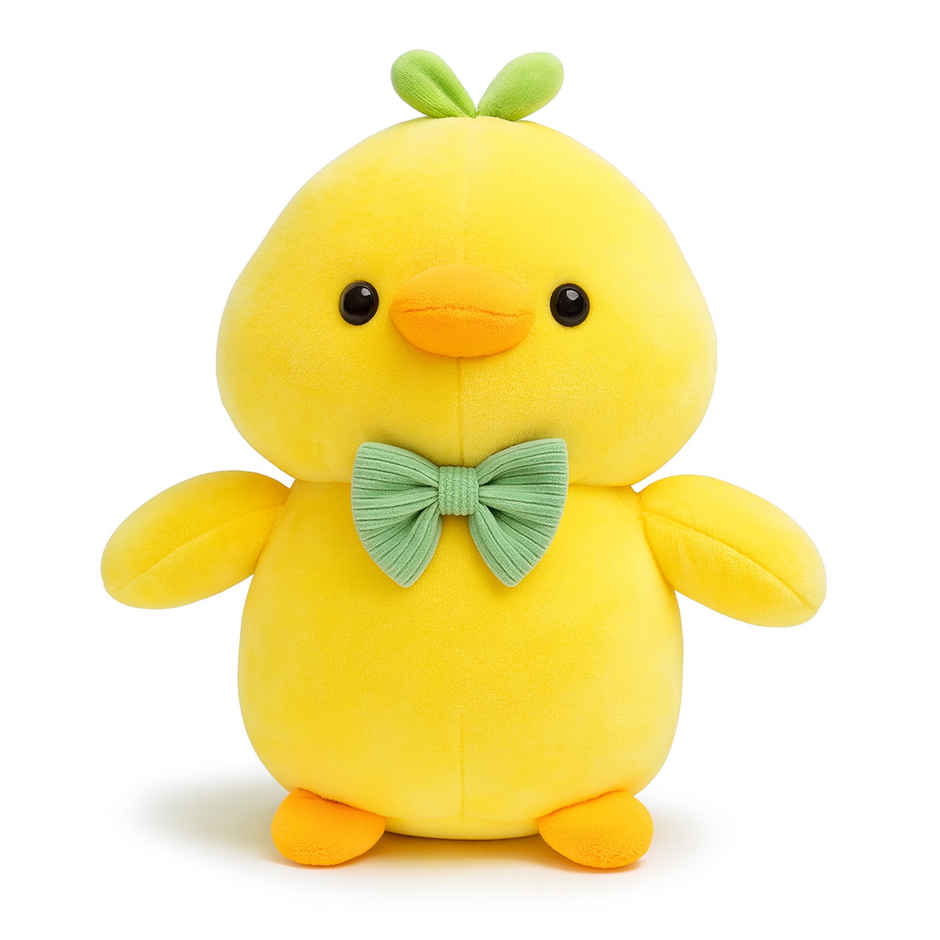 Spanker Chick Soft Toy Cute Yellow Plush Bird with Green Bow - 23 cm