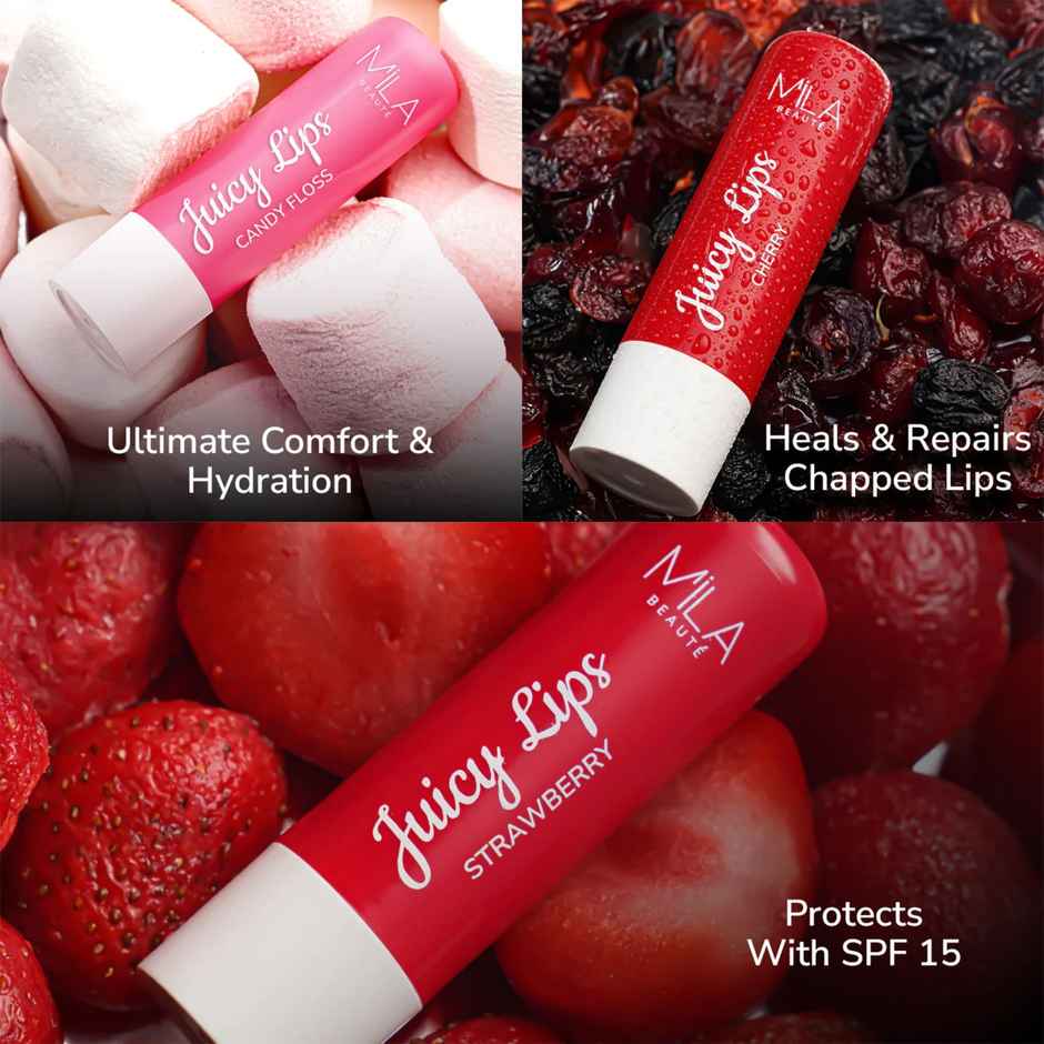 Mila Beaute Tinted Juicy Lip Balms (Pack of 3) | Moisture Lock & SPF 15 - Strawberry | Cherry