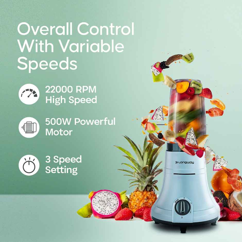 Longway Sage Juicer Mixer Grinder | 500 Watt | 2 Jars for Grinding & Mixing, Juicing with Powerful Motor | Gray&Black