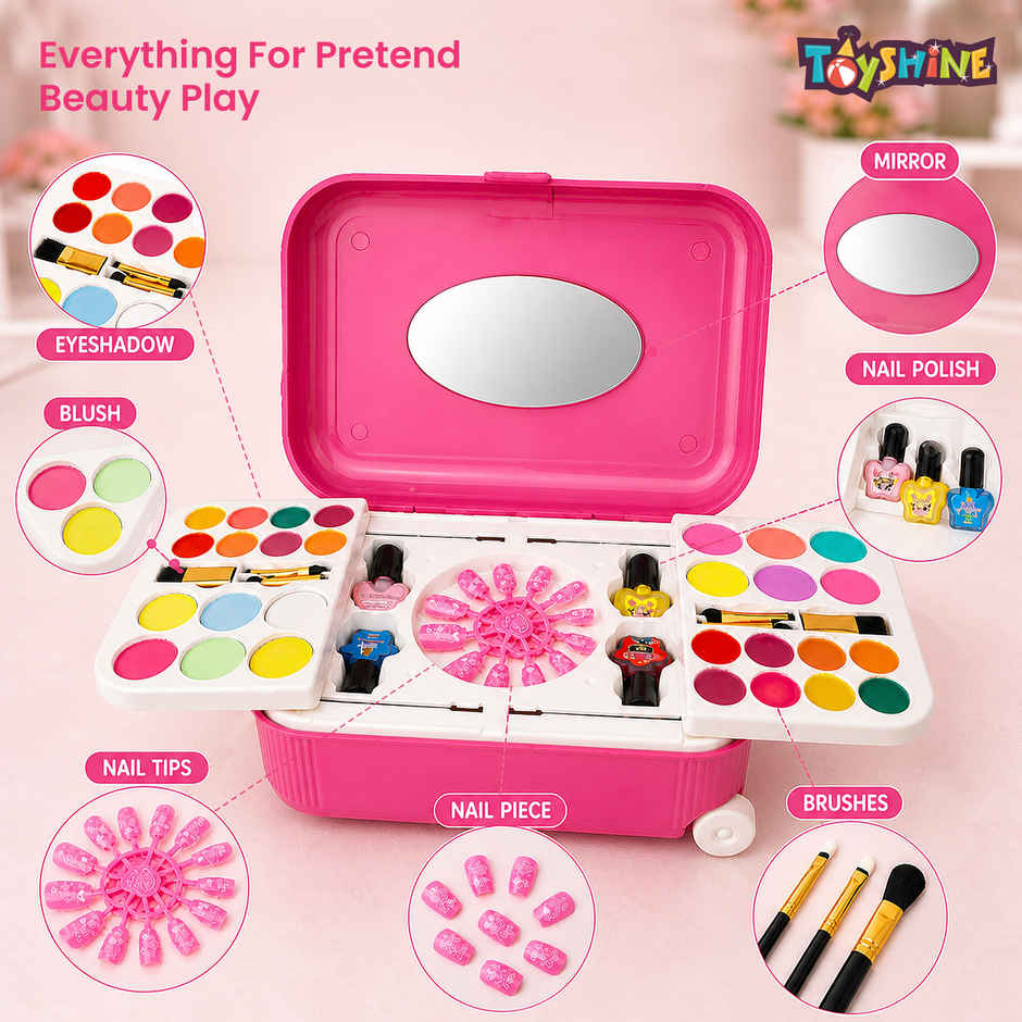 Toyshine 2-in-1 Cosmetic Makeup & Nail Art Kit with Trolley Bag for Kids | Age 3+ years