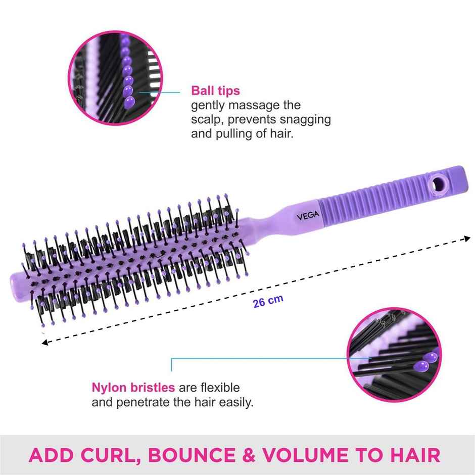 VEGA Round Hair Brush For Adding Curls | Volume & Waves In Hair|Unisex Color May Vary (R2-Rb)