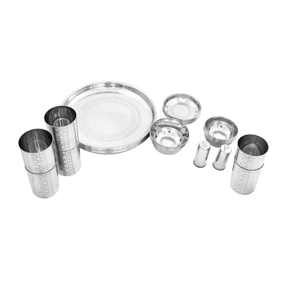 Stainless Steel Striped Dinner Set 6 Plate, 6 Dessert Plate, 6 Curry Bowl, 6 Glass (32 Piece)