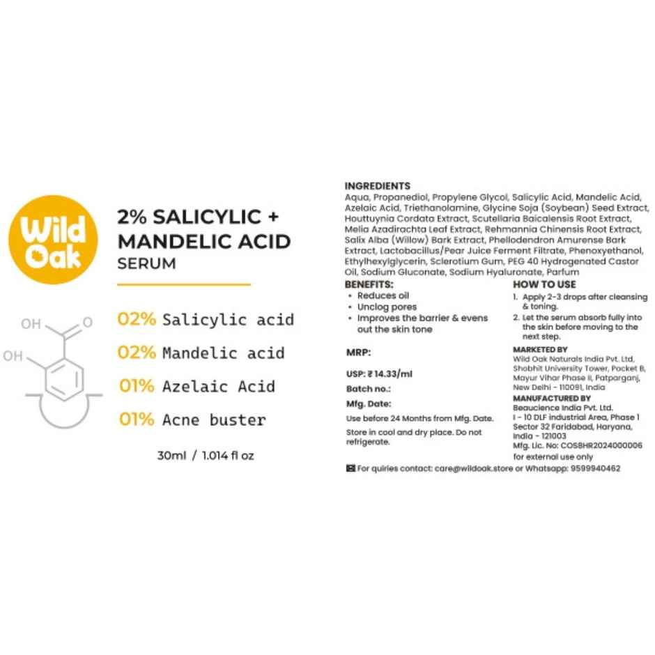 Wild Oak 2% Salicylic Mandelic Acid Exfoliating Face Serum for Acne | Oil Control & Pore Cleansing