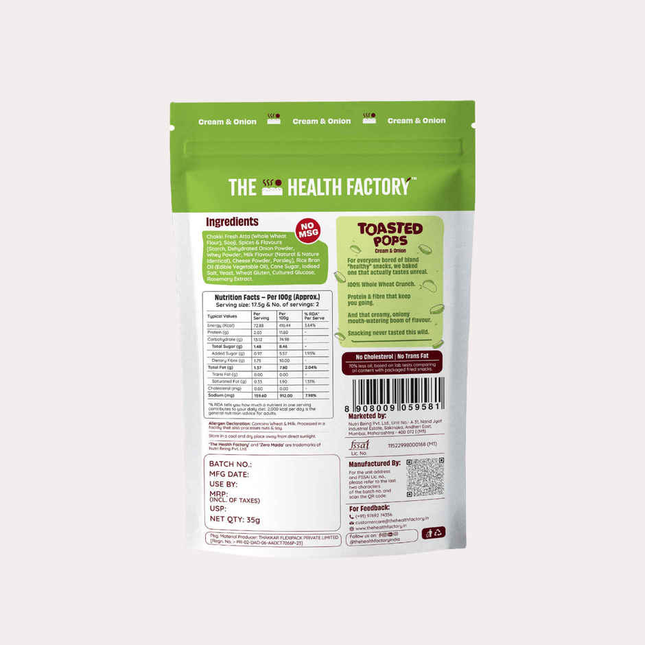 The Health Factory Toasted Pops Cream & Onion | Zero Maida | Baked Snack