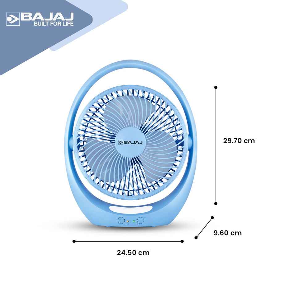 Bajaj Pygmy Go Mini Fan with LED Lighting, 178MM, Rechargeable, USB Charging, 4-hours Battery Backup, 3 Speed, 2-Light Brightness Setting - Blue