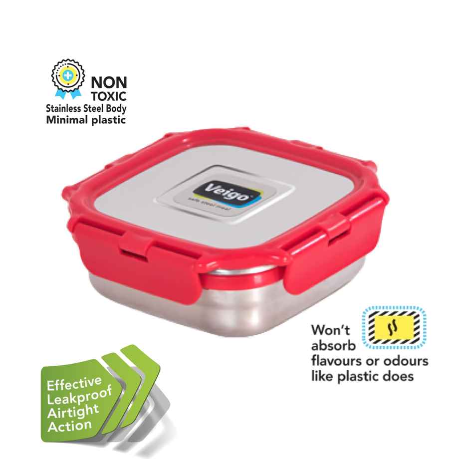Veigo Medium Stainless Steel Leak Proof Lunch Box Container | 330 ml Office | School | Storage- Red