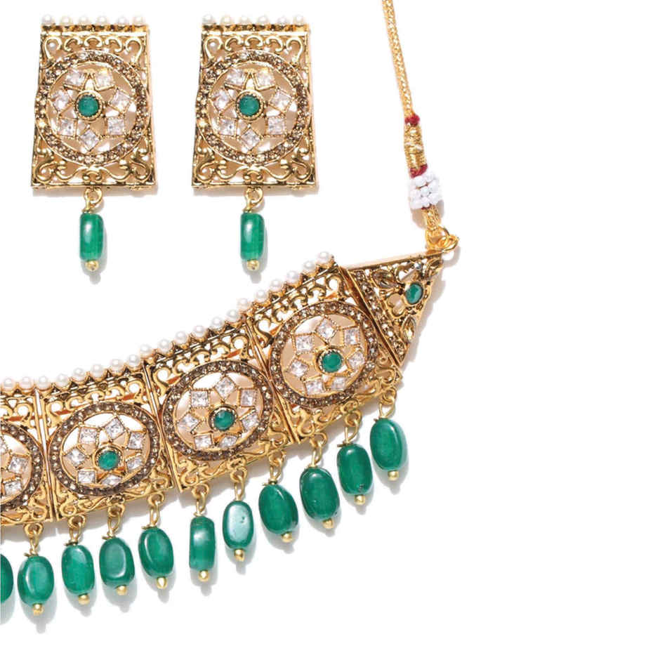 Priyaasi Gold-Plated Choker Set With Stones And Beads In Green Color