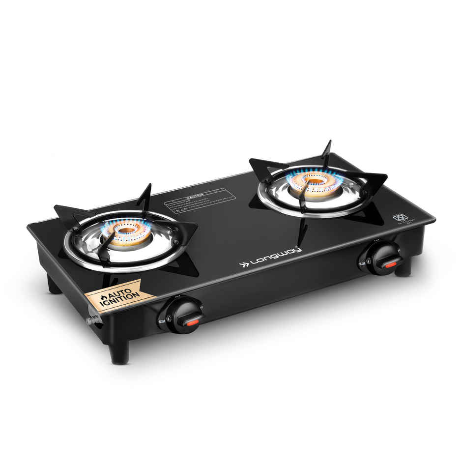Longway 2 Burner Furn Glass Top | Auto Ignition Glass Gas Stove | ISI Certified | Black
