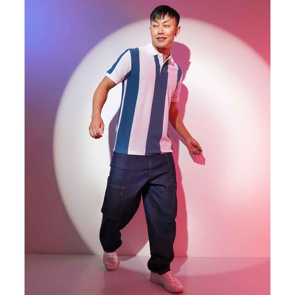 Campus Sutra Men's Striped Polo Neck T-shirt | White - XL