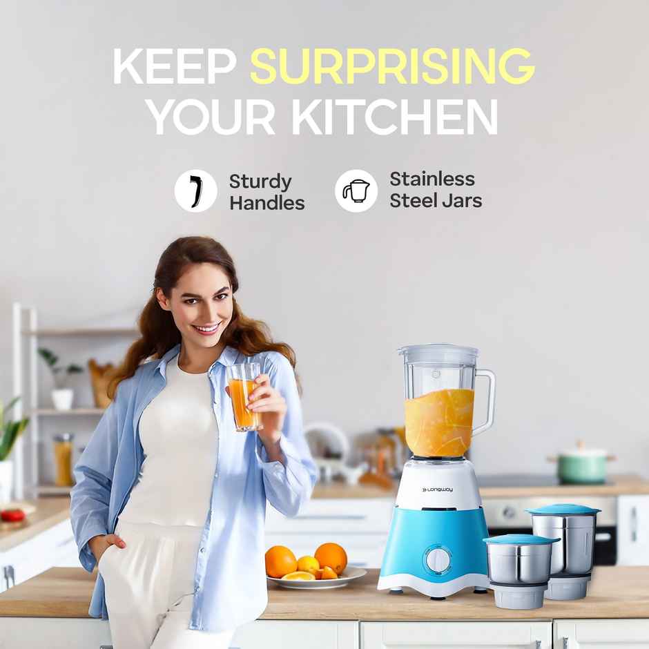 Longway Super Dlx 750 Watt Juicer Mixer Grinder with 4 Jars for Grinding, Mixing, Juicing with Powerful Motor (Blue & White)