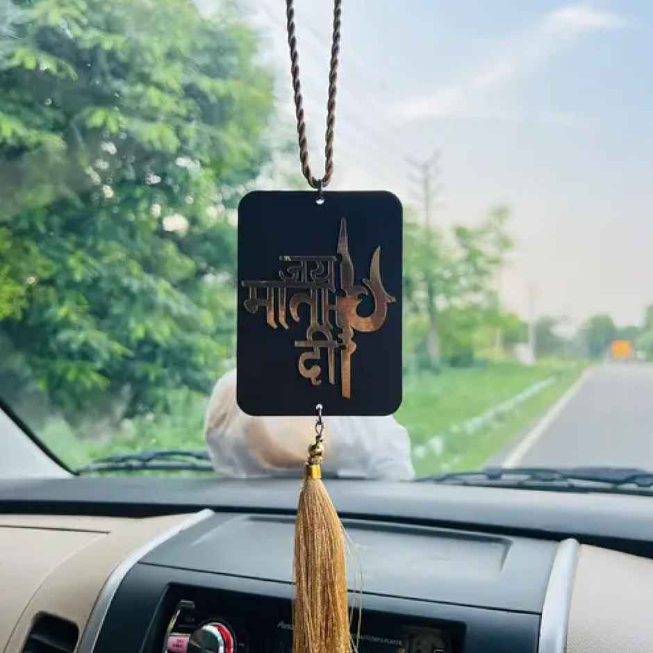 Divine Vibes Jai Mata Di Wooden Car Hanging Decorative