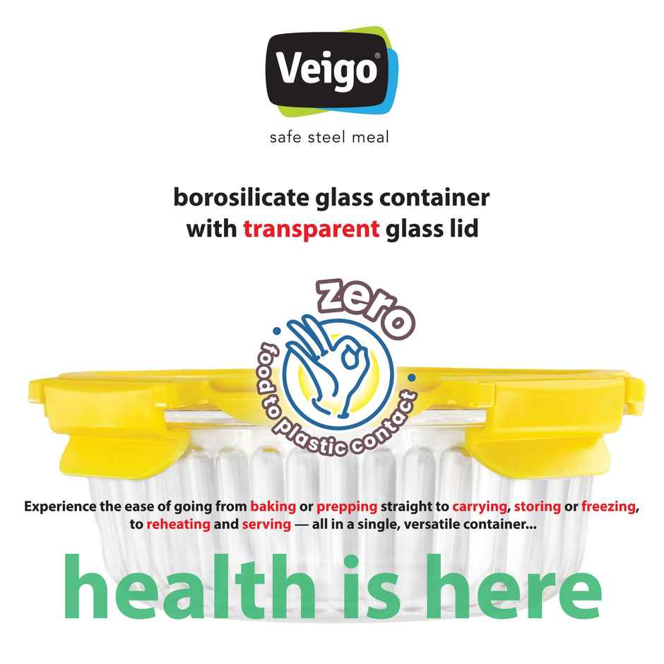 Veigo See & Serve - Oven Safe Glass Container + Innovative Tempered Glass Lid (620 ml) Yellow