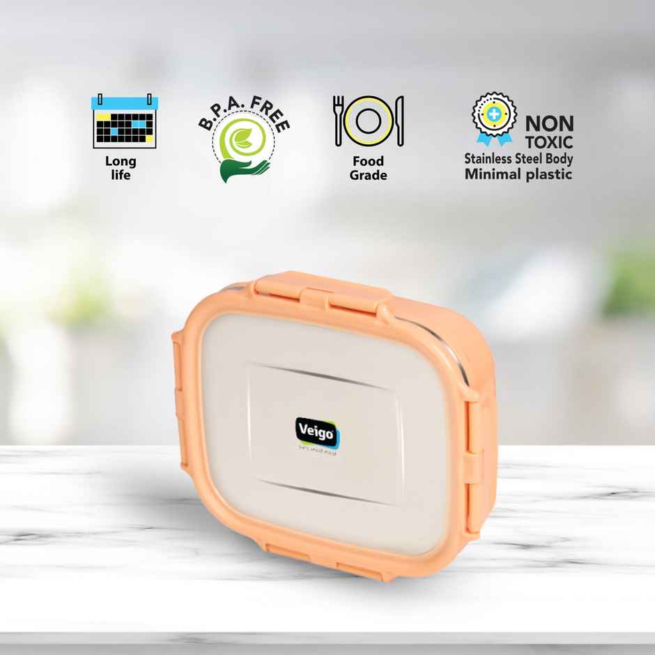 Veigo Heatup Large - Microwave Safe Stainless Steel Leakproof Tiffin Box (630Ml) Peach Fuzz