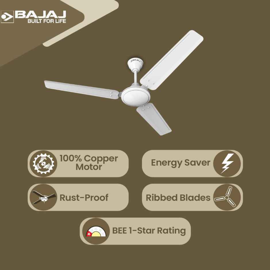 Bajaj Frore Ceiling Fans, 52 Watt, 1200mm/48 Inches, Energy Efficient Ceiling Fan | Rust Free Coating for Long Life - White