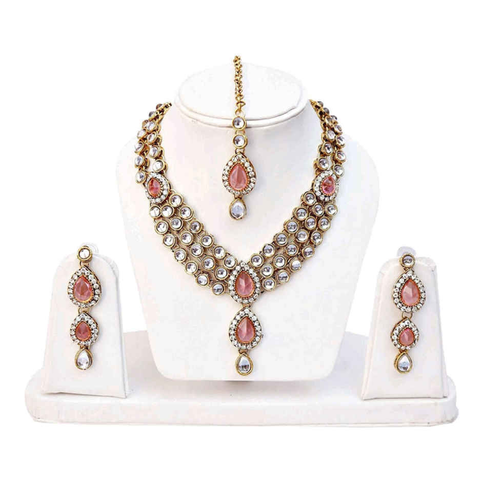 Shining Diva Fashion Gold Plated Pink Kundan Traditional Necklace Set for Women & Girls | 8647s