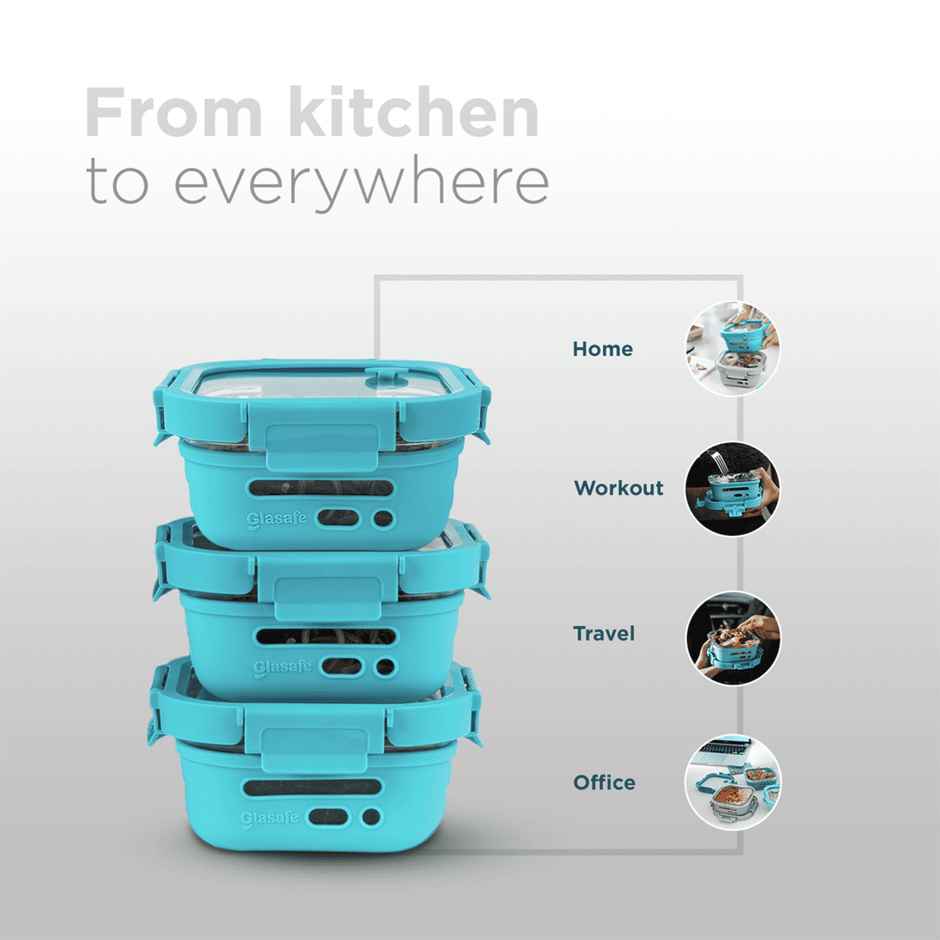 Glasafe Fresh Grip Borosilicate Glass Tiffin With Protective Silicone Sleeve (Mellow Mist) 520Ml