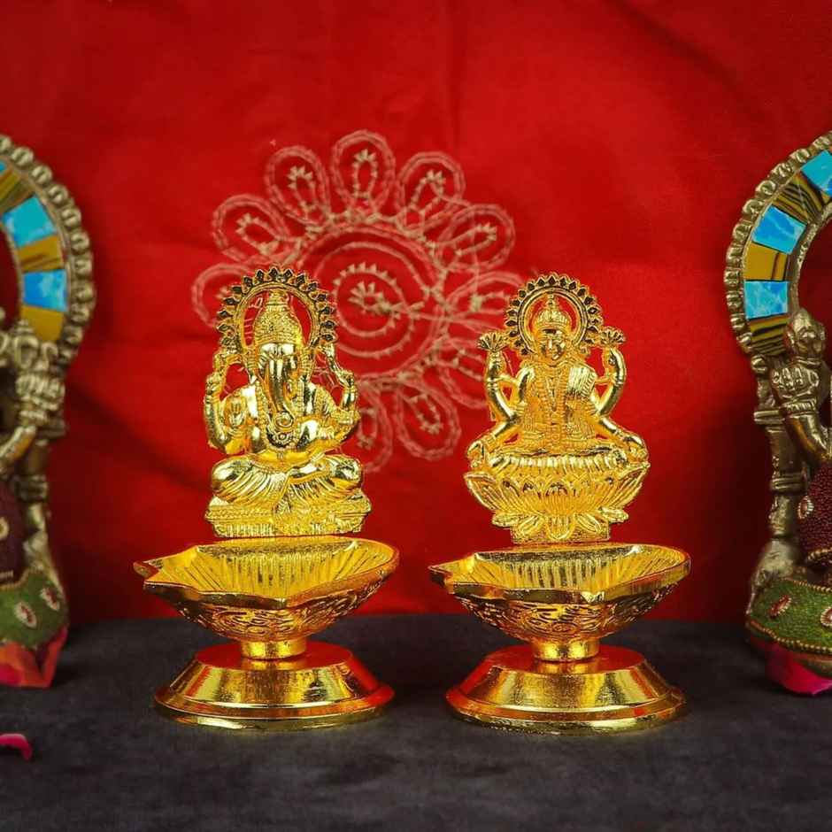 Metal Lakshmi Ganpati Diya | Gold | Traditional | Diya-Pooja | Satvik