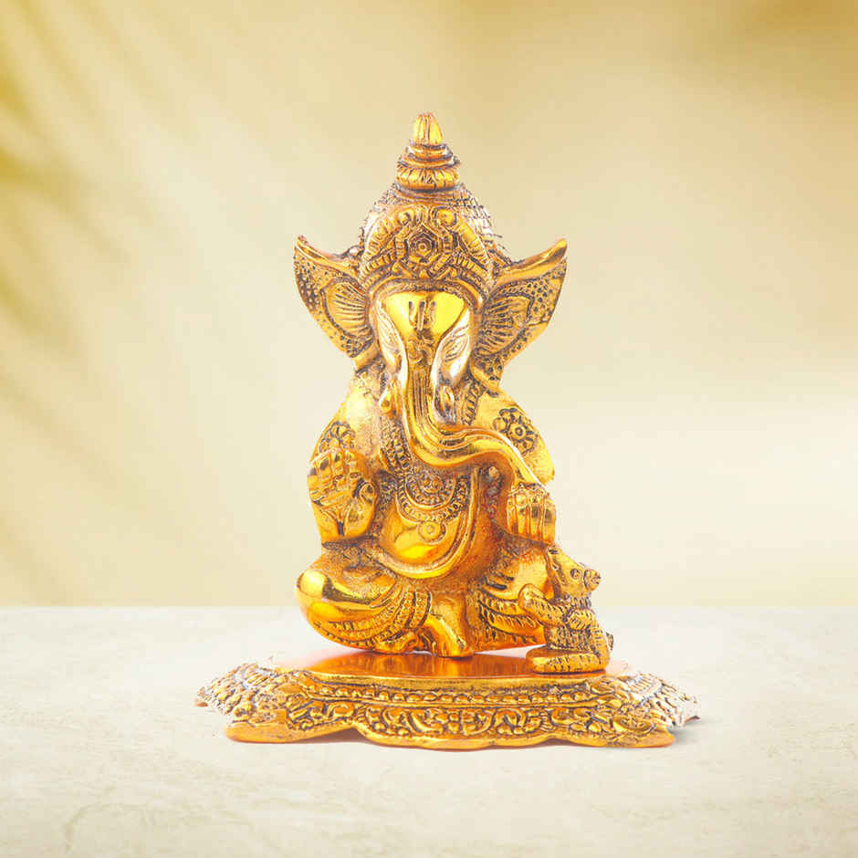 Ganesh Ji Idol with Mooshak in Gold Polish | Devnidhi
