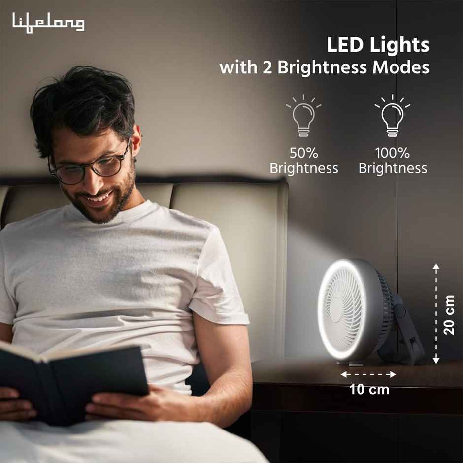 Lifelong USB Portable Fan, 150mm, 5-Hr Battery Backup, 3 Speed Settings, LED Lights, Grey & White