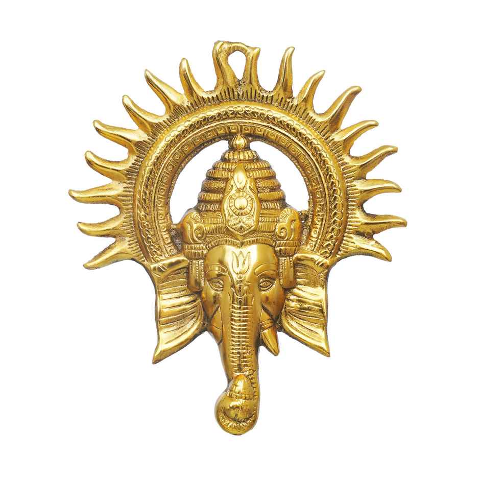 eCraftIndia Golden Lord Ganesha Face With Sun Decorative Metal Wall Hanging Showpiece