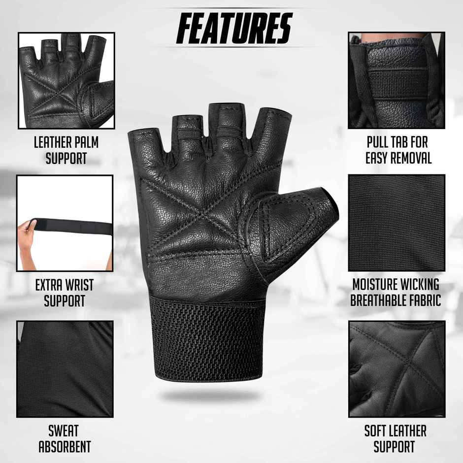 Slovic Leather Gym Gloves for Men & Women Weightlifting & Workout - Black