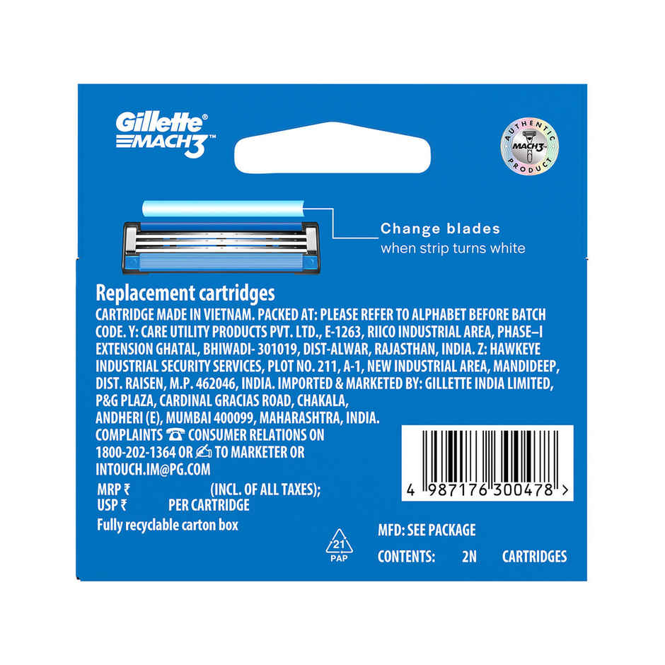 Gillette Mach 3 Shaving Razor Blades For Men (2 Cartridges)