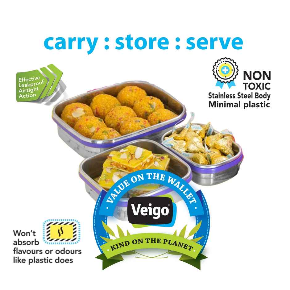 Veigo Celebration Set With Ready To Gift Package - Leak Proof Steel Tiffins (630+330+180 ml) Violet