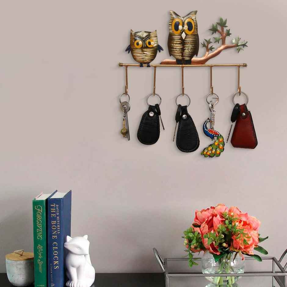 eCraftIndia Iron 2 Owl Birds Sitting On Tree Branch Decorative Key Holder With 5 Key Hooks For Wall