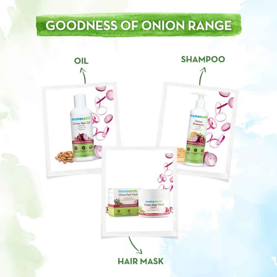 Mamaearth Onion Hair Oil For Hair Fall Control (150ml) & Mamaearth Onion Shampoo For Hair Fall Control & Hair Growth With Onion & Plant Keratin (100ml) & Mamaearth Onion Conditioner For Hair Growth & Hair Fall Control (250ml) Combo