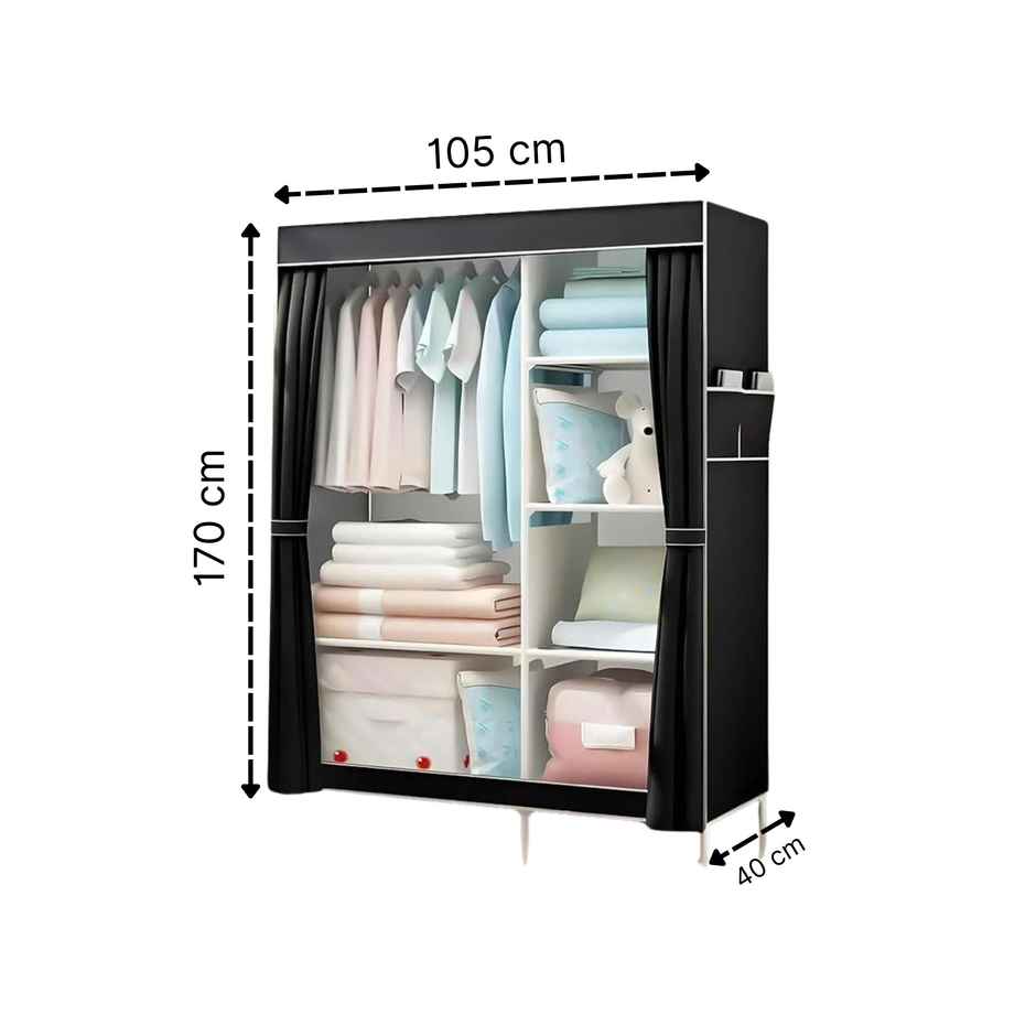 Kuber Industries 4 Shelves Foldable Wardrobe | Non Woven 2 Door Clothes Rack | Black