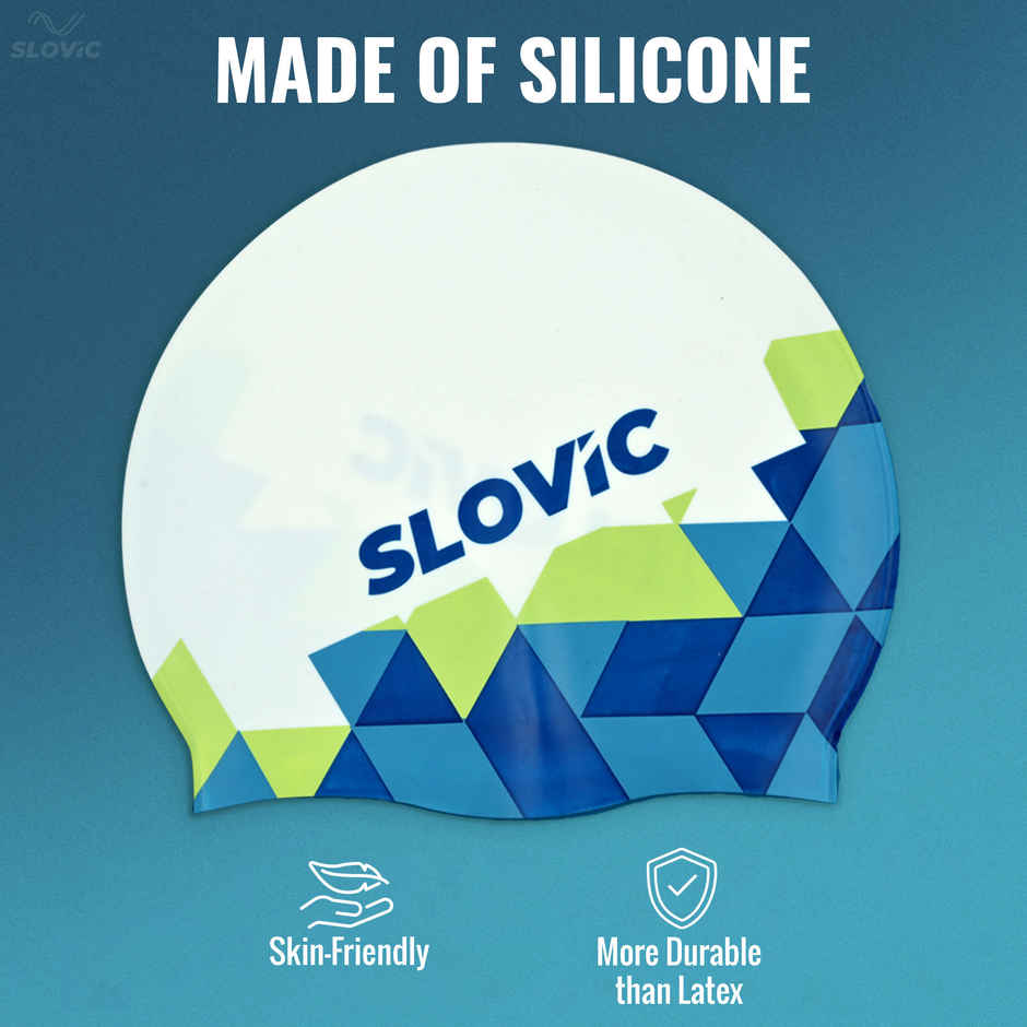 Slovic Adult Swimming Cap - White & Blue Pattern, Stretchable Waterproof Comfortable Fit