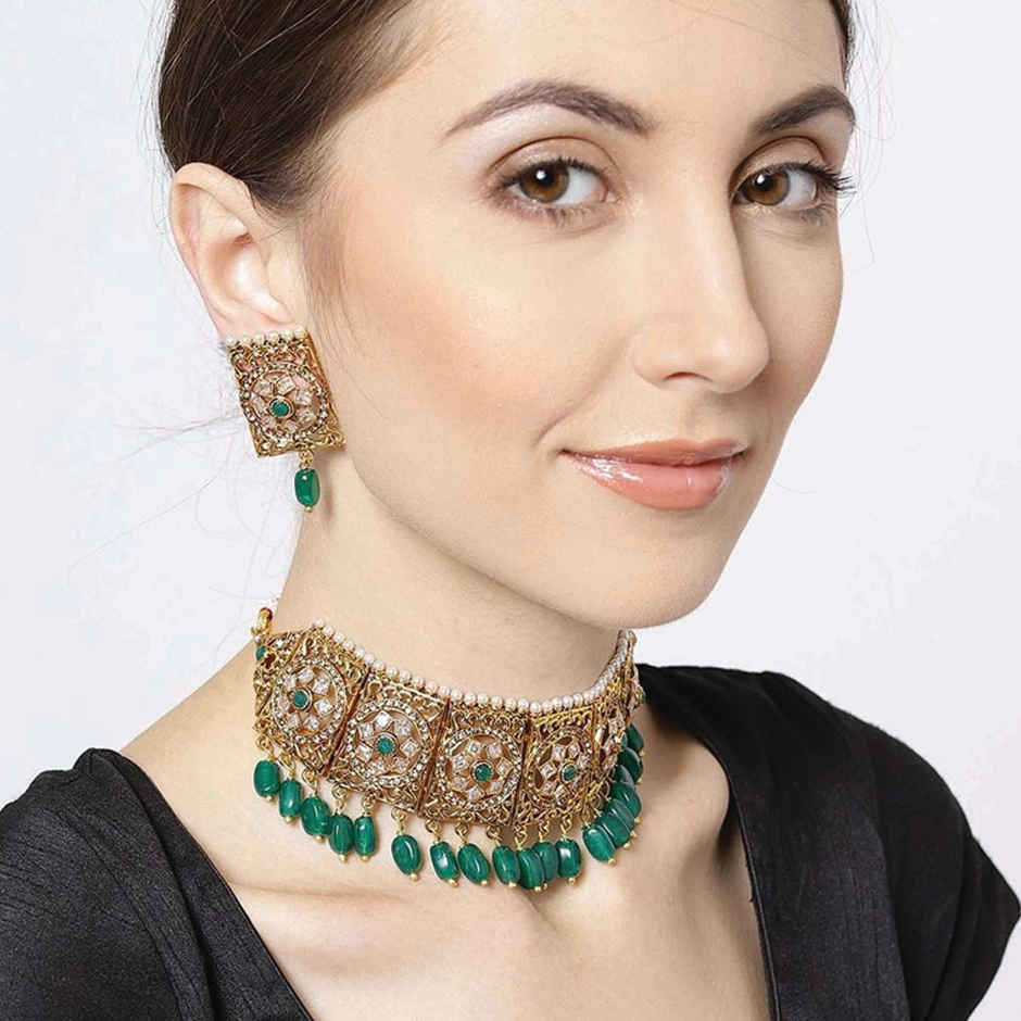 Priyaasi Gold-Plated Choker Set With Stones And Beads In Green Color