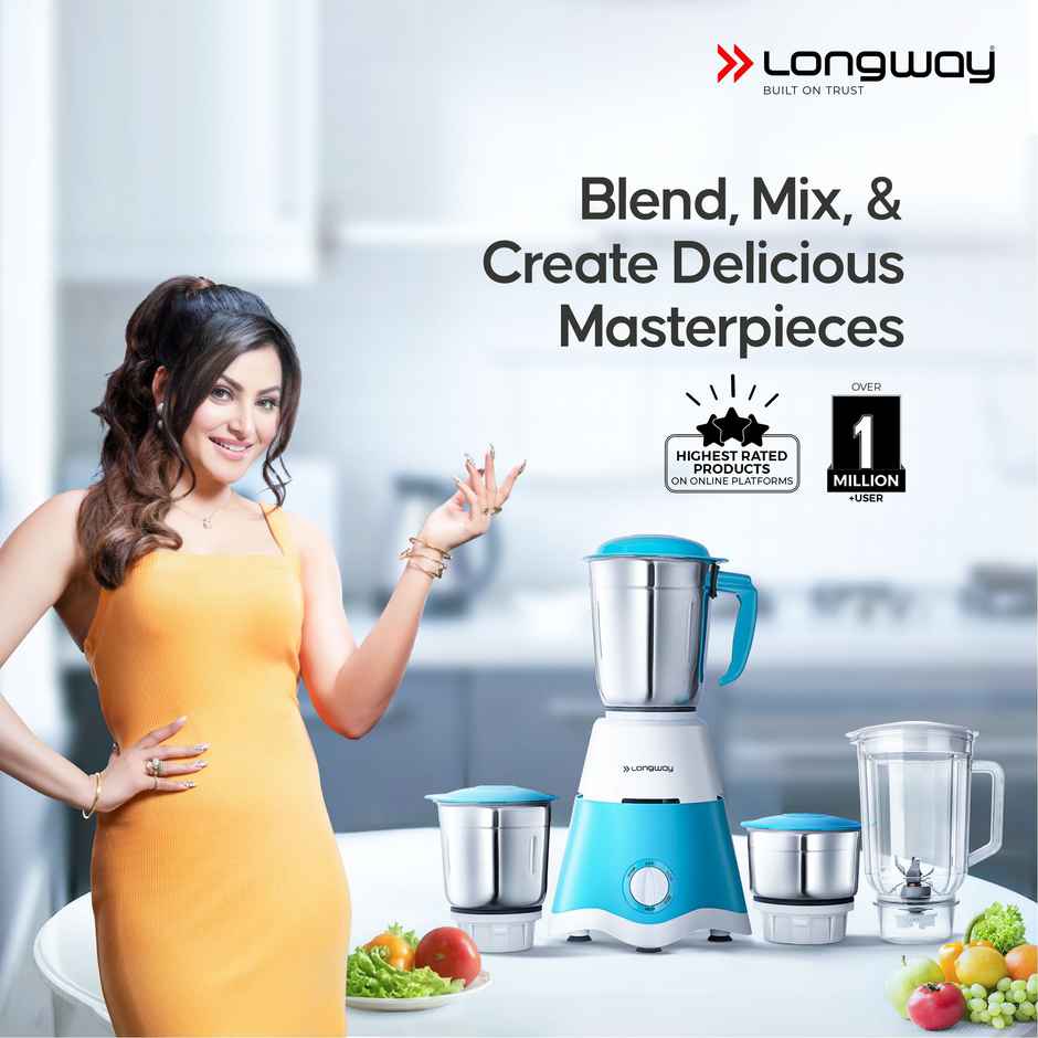 Longway Super Dlx 750 Watt Juicer Mixer Grinder with 4 Jars for Grinding, Mixing, Juicing with Powerful Motor (Blue & White)