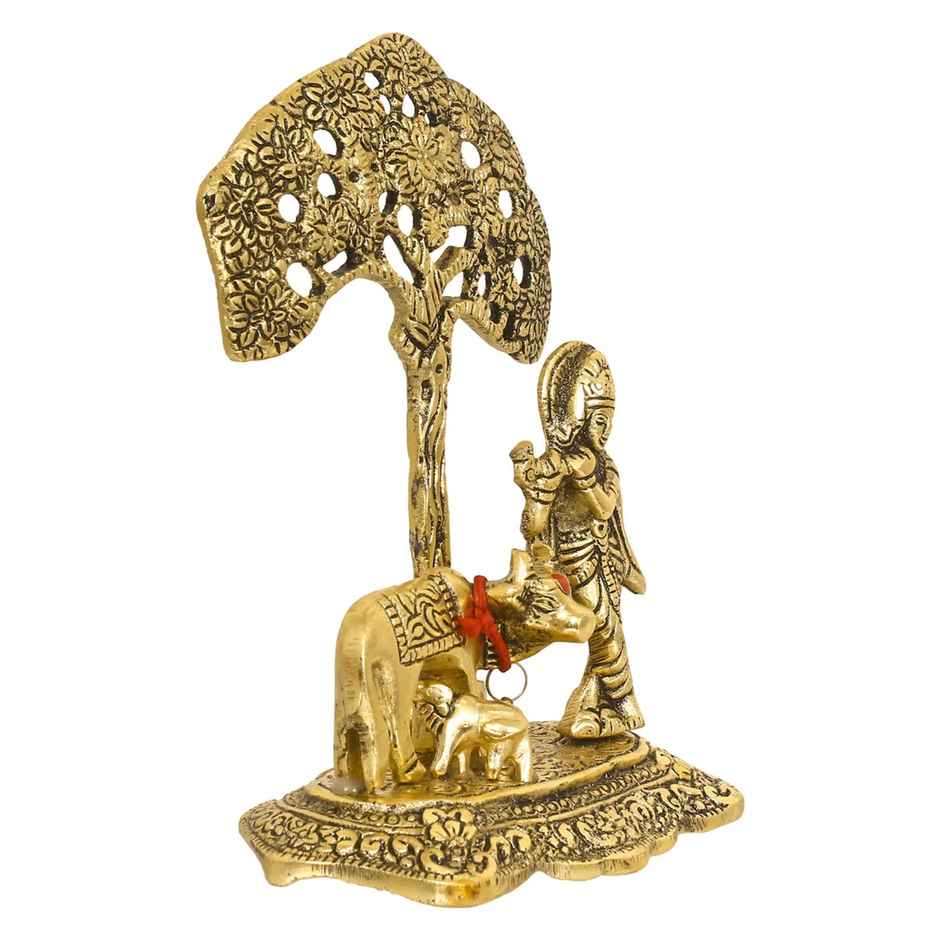eCraftIndia Divine Golden Lord Krishna Idol Playing Flute Beneath a Tree with Cow and Calf