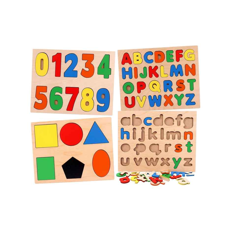 Toyshine Pack of 4 Wooden Puzzles for Toddlers | ABC, 123, Shapes