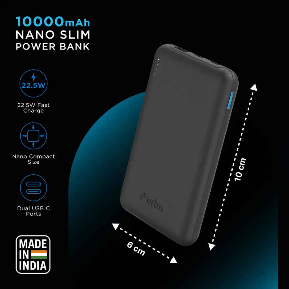 URBN 10000 mAh Premium Edition Nano Wired Power Bank | Two-Way 22.5W Super Fast Charging | Pocket Size| Dual Type C Power Delivery (PD) Output + 1 USB Output for Quick Charge, USB Type-C Input - Black