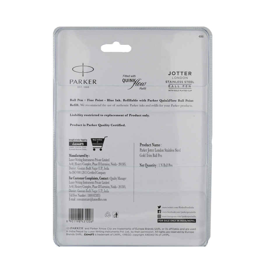 Parker Jotter Stainless Steel Ball Pen Gold Trim (Blue Ink)