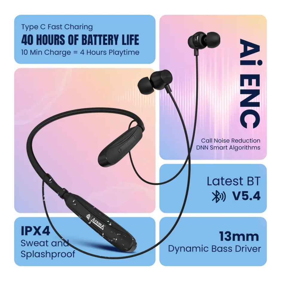 Aroma Nb120 Banner Upto 40h Playtime I Enc I Fast Charging I Dual Pairing Neckband Bluetooth