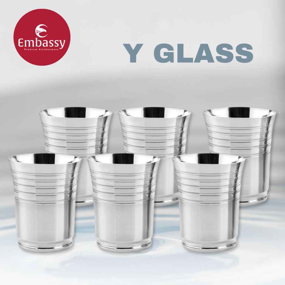 Embassy Glass Pack of 6, 300 ml (Y-Model), For Serving Water, Juice etc., Premium Stainless Steel