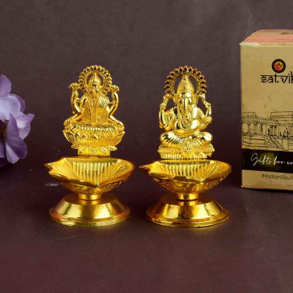Metal Lakshmi Ganpati Diya | Gold | Traditional | Diya-Pooja | Satvik