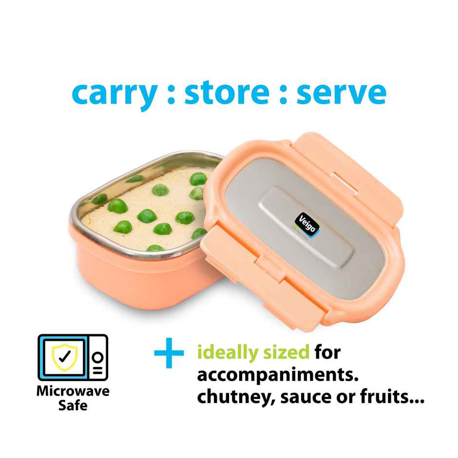 Veigo Heatup Small- Microwave Safe Stainless Steel Leak Proof Veg Box(180 ml) Peach Fuzz