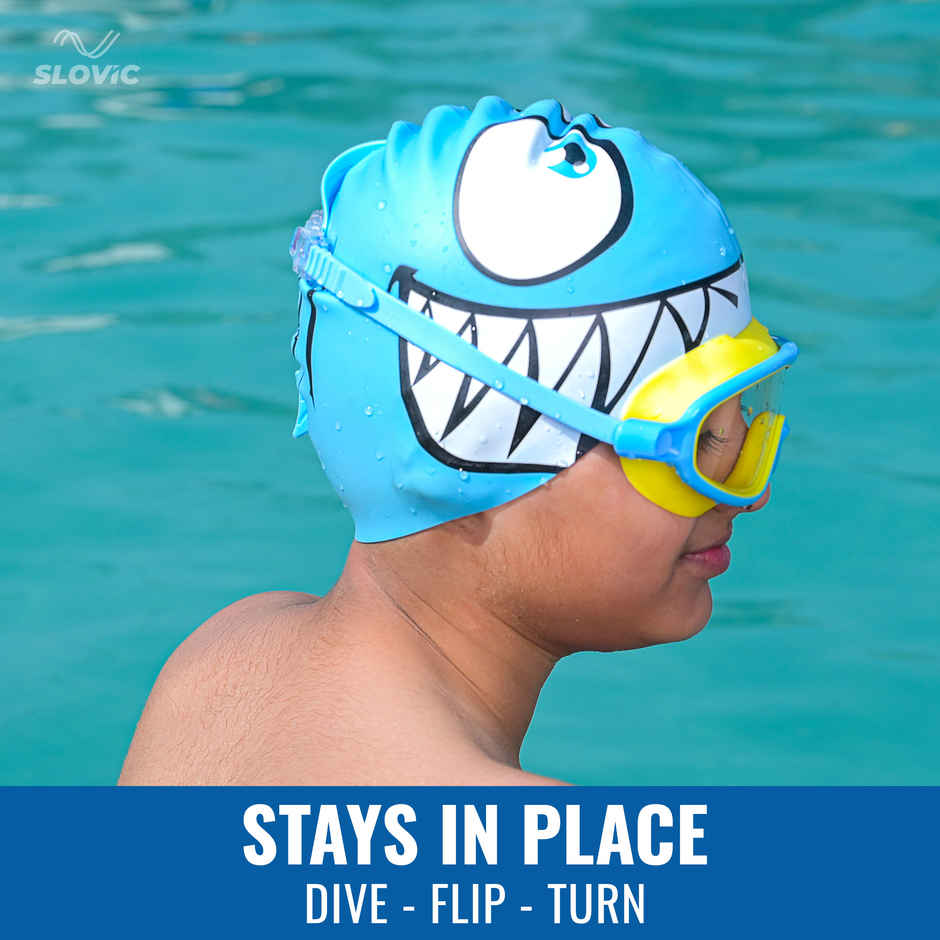 Slovic Kids Swimming Cap - Shark Design, Stretchable Soft Waterproof Swim Cap | Blue